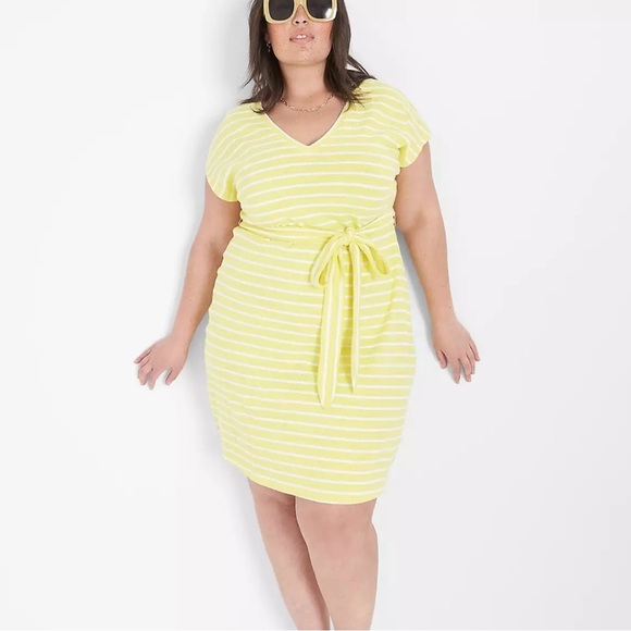 Lane Bryant Yellow Striped T Shirt Dress 14/16 NWT Cotton Short Sleeve V-Neck - Picture 3 of 16